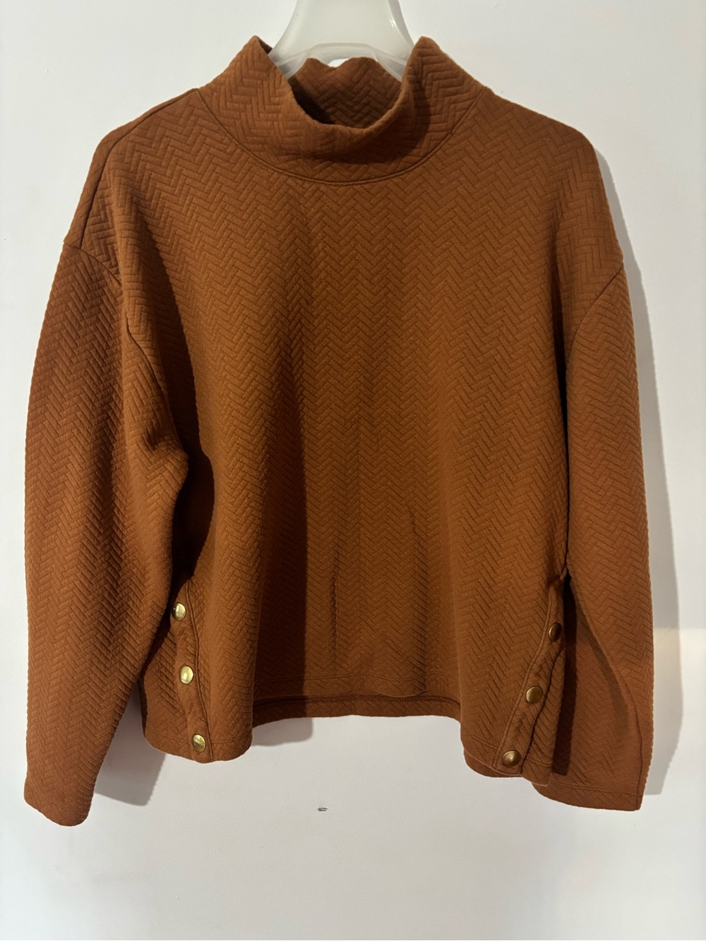 J.Crew Rust Brown Textured Cowl Neck Pullover Top Gold Snaps Size L